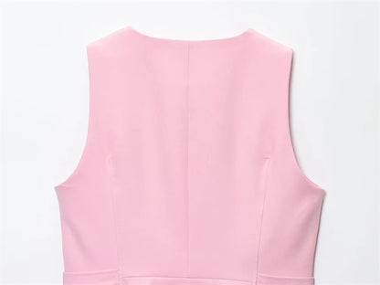 Chic Pink 2-Piece Casual Set - Flared Hem Vest & Wide Leg Pants