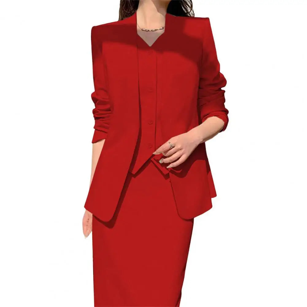 Elegant 2-Piece Business Suit Set - Professional Blazer & High Waist Midi Skirt