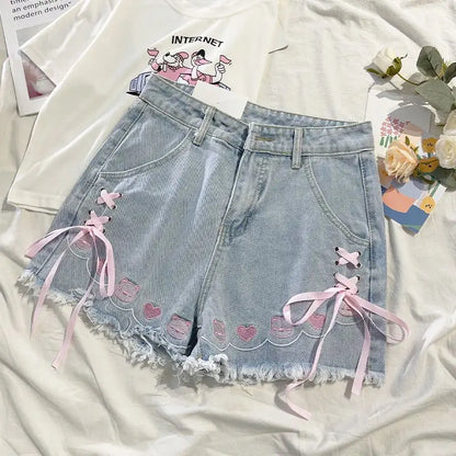 Japanese Denim Shorts Women 2025 New Bottoms Hig Waist Embroidery Bandage Pants Tunic Cute Shorts Pantalones Cortos De Mujer