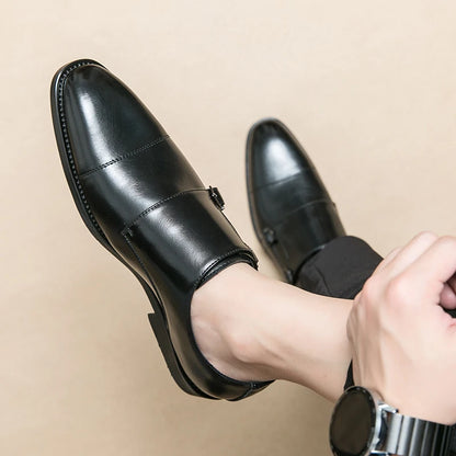 Men Business Dress Shoes Black Brown Side Double Button Leather Shoes European Fashion Versatile Suit Le Fu Shoes Size 38-46
