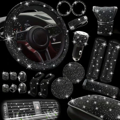 Car Accessories Set 30 Piece Women Bling Universal Steering Wheel Cover Shiny Air Outlet Coasters Tools Hook L Hand Brake Etc.