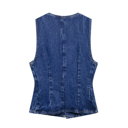 DUOPERI Women 2 piece sets Denim Waistcoat V-Neck Sleevele and Wide Leg Denim Long Trousers Suits Female Chic Lady Casual Outfit