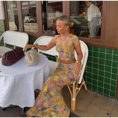 Women Elegant Printing Skirt Suit Chic Round Neck Half Sleeve Top High Waist Slim Fit 2-piece Set 2025 New Summer Fashion Outfit