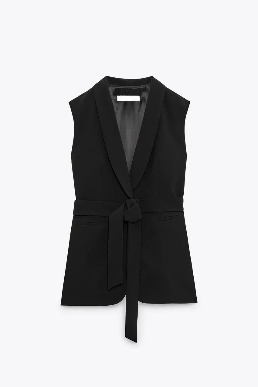 Elegant Sleeveless Vest Suit Set - Lapel Blazer Vest with Matching High Waist Pants