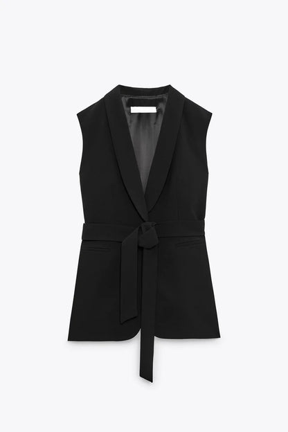 Elegant Sleeveless Vest Suit Set - Lapel Blazer Vest with Matching High Waist Pants