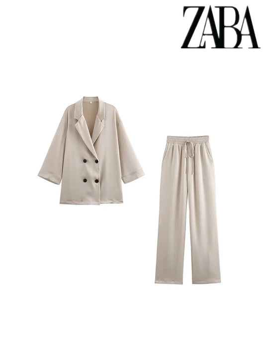 TRAF Women's Pure Colour Casual Commuter Suit Suit Double Breasted Lapel Jacket High Waisted Wide Leg Pants Women's Two Pieces