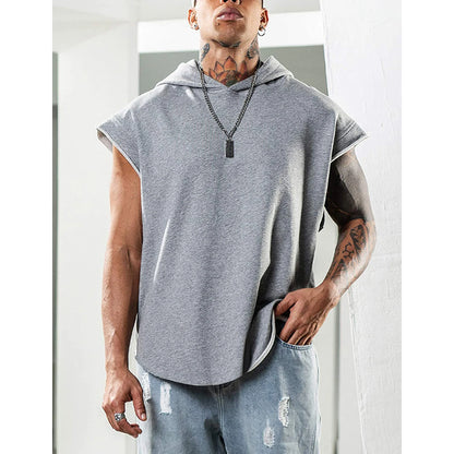 2025 Men Tank Top  Fitness Training Pullover Leisure Fashion Sleeve Men's Hooded Vest Solid Color Tank Tops For Male