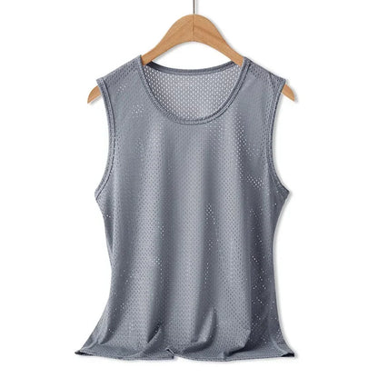 Men Tops Ice Silk Vest Outer Wear Quick-Drying Mesh Hole Breathable Sleeveless T-Shirts Summer Cool Vest Beach Travel Tanks