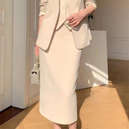 Elegant 2-Piece Business Suit Set - Professional Blazer & High Waist Midi Skirt