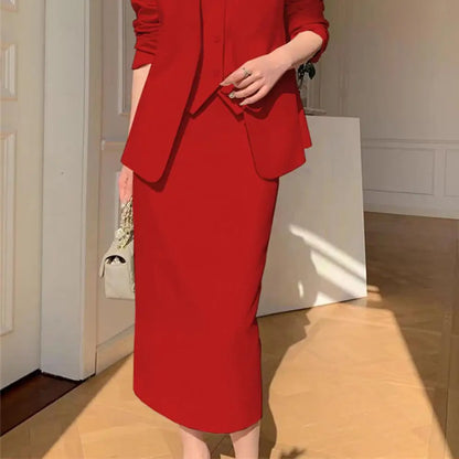 Elegant 2-Piece Business Suit Set - Professional Blazer & High Waist Midi Skirt