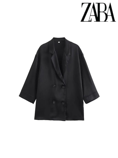 TRAF Women's Pure Colour Casual Commuter Suit Suit Double Breasted Lapel Jacket High Waisted Wide Leg Pants Women's Two Pieces