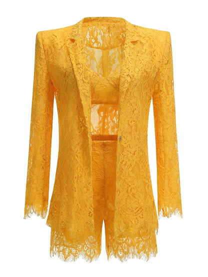 Women Lace Suit 3 Piece Set Sexy Yellow Short Top + Single Button Blazer + Shorts Sets Jacket Coat Suits Party Evening Cocktail