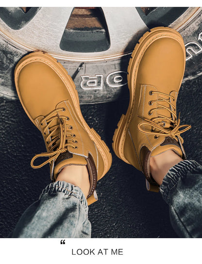 Men's high top boots four season outdoor work shoes anti slip and comfortable yellow boots fashion British casual leather boots