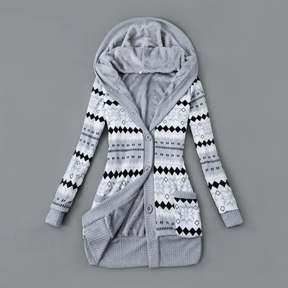 Women Cardigan Striped Print Long Sleeve Sweater Coat Buttons Closure Hooded Plush Lining Sweater Outerwear For Autumn Winter