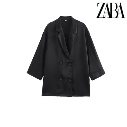 TRAF Women's Pure Colour Casual Commuter Suit Suit Double Breasted Lapel Jacket High Waisted Wide Leg Pants Women's Two Pieces