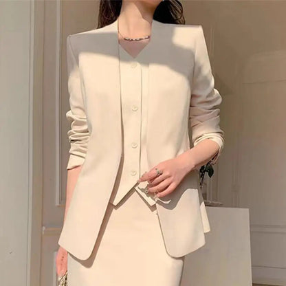 Elegant 2-Piece Business Suit Set - Professional Blazer & High Waist Midi Skirt