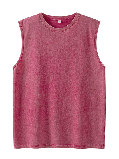 Summer Men's Washed Cotton Tank Tops Muscle Gym Sleeveless Workout T Shirts Running Beach Loose Cutoff Tees