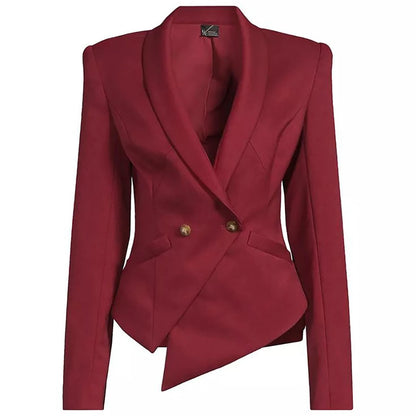 Burgundy Women's Suit Customied Modern Office Lady Suit Double-breasted Two Pieces (Irregular Jacket+Harem Pants) Daily Set