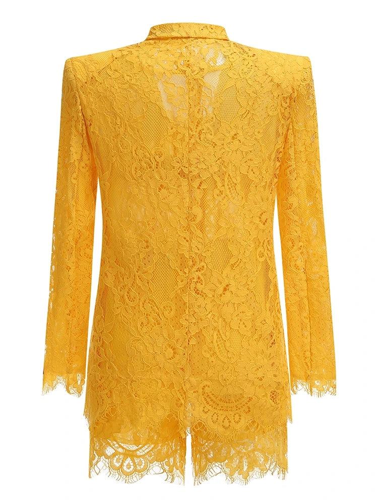 Women Lace Suit 3 Piece Set Sexy Yellow Short Top + Single Button Blazer + Shorts Sets Jacket Coat Suits Party Evening Cocktail