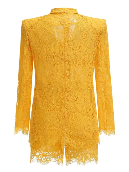 Women Lace Suit 3 Piece Set Sexy Yellow Short Top + Single Button Blazer + Shorts Sets Jacket Coat Suits Party Evening Cocktail