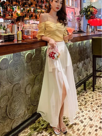 White Skirts for Women Temperament Summer Jupe 2025 Faldas Mujer De Moda High Waist Patchwork Chiffon Skirt Chic Korean Saia