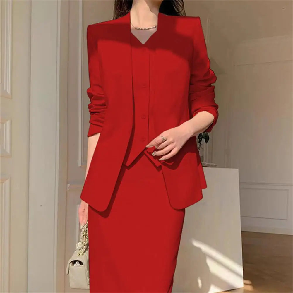 Elegant 2-Piece Business Suit Set - Professional Blazer & High Waist Midi Skirt