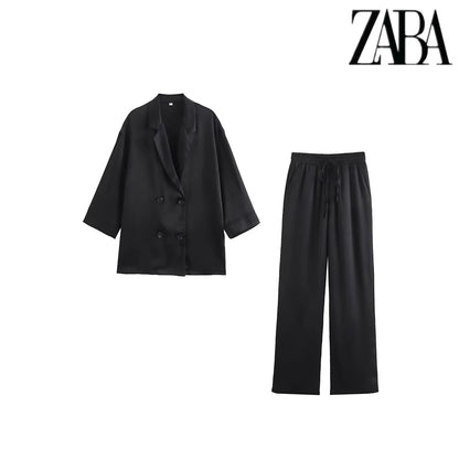 TRAF Women's Pure Colour Casual Commuter Suit Suit Double Breasted Lapel Jacket High Waisted Wide Leg Pants Women's Two Pieces