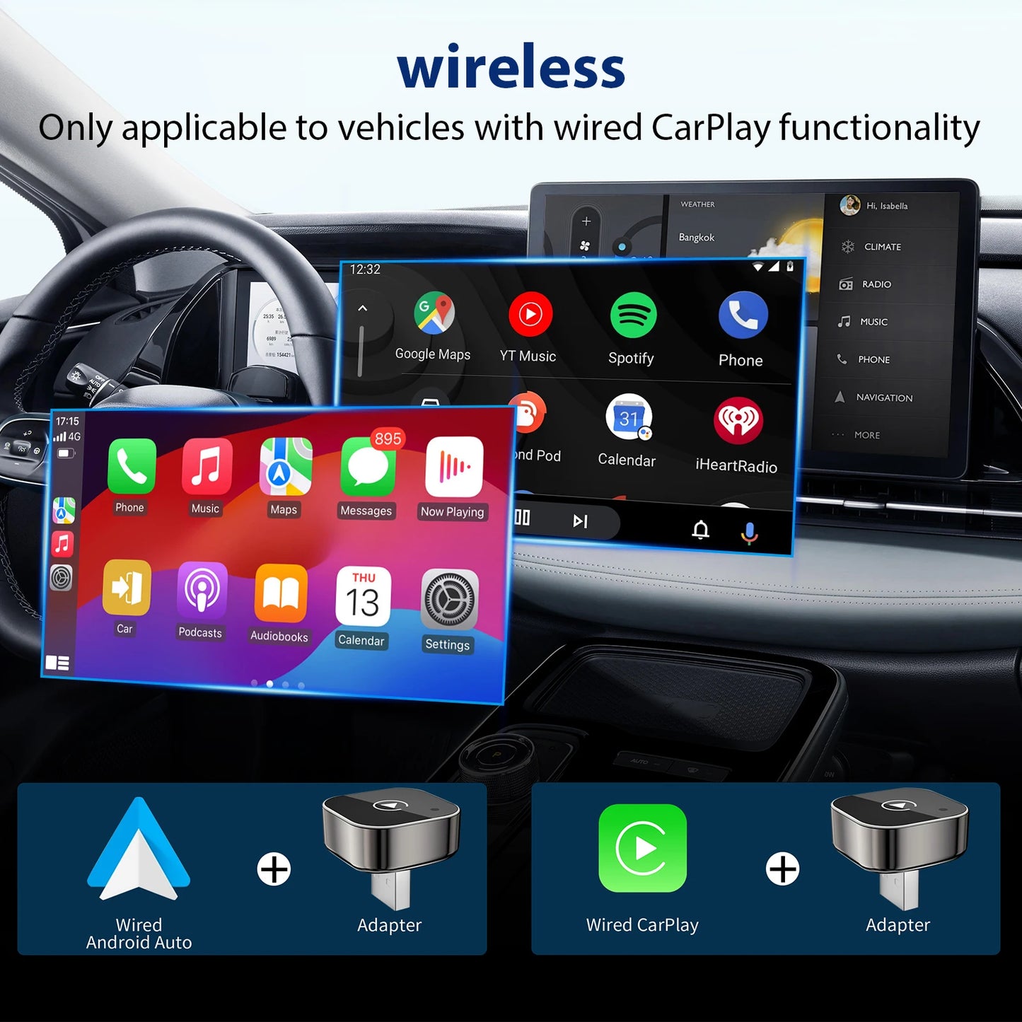 2 IN 1 Wireless Carplay Adapter, Converts Wired to Wireless carplay Adapter for iPhone, Wireless Control Plug & Play Carplay