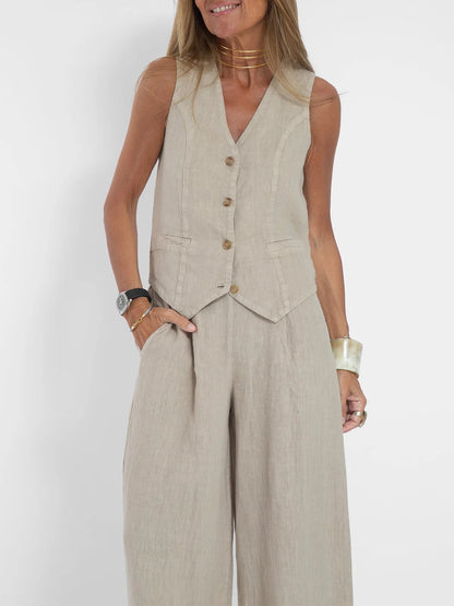Trendy Vest & Pants Suit Set - Sleeveless 2-Piece with Color Block Stitching