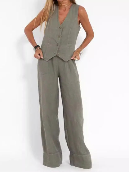 Trendy Vest & Pants Suit Set - Sleeveless 2-Piece with Color Block Stitching