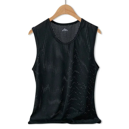 Men Tops Ice Silk Vest Outer Wear Quick-Drying Mesh Hole Breathable Sleeveless T-Shirts Summer Cool Vest Beach Travel Tanks