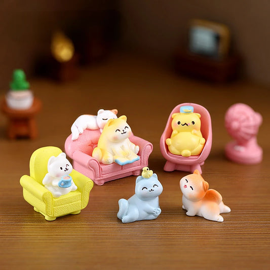 Daily Life Of Cat Statue Figurine Animal Model Cute Cat Small Sofa Furniture Decor for Room Birthday Toy for Kid Home Decoration