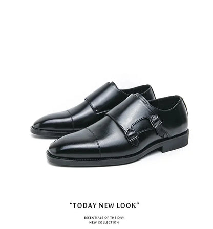 Men Business Dress Shoes Black Brown Side Double Button Leather Shoes European Fashion Versatile Suit Le Fu Shoes Size 38-46