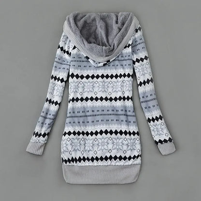 Women Cardigan Striped Print Long Sleeve Sweater Coat Buttons Closure Hooded Plush Lining Sweater Outerwear For Autumn Winter