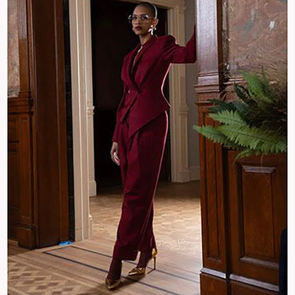 Burgundy Women's Suit Customied Modern Office Lady Suit Double-breasted Two Pieces (Irregular Jacket+Harem Pants) Daily Set