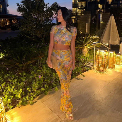 Women Elegant Printing Skirt Suit Chic Round Neck Half Sleeve Top High Waist Slim Fit 2-piece Set 2025 New Summer Fashion Outfit