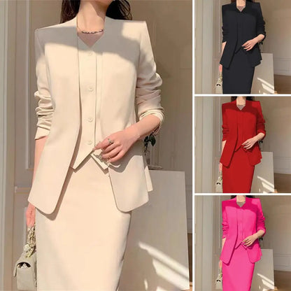 Elegant 2-Piece Business Suit Set - Professional Blazer & High Waist Midi Skirt