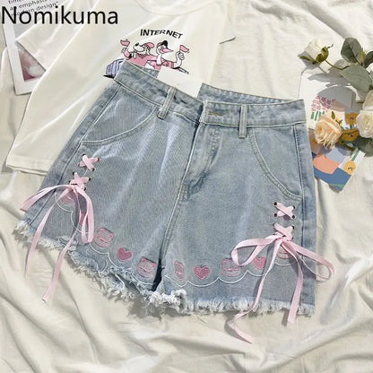 Japanese Denim Shorts Women 2025 New Bottoms Hig Waist Embroidery Bandage Pants Tunic Cute Shorts Pantalones Cortos De Mujer