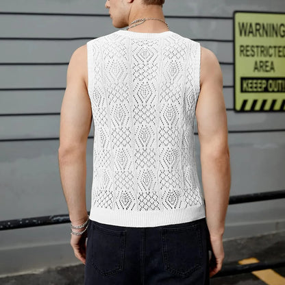 Beach Tops For Men Men'S Knitted Hollowed Out Vest Crew Neck Sleeveless Male Clothes With Designs Camiseta Sin Mangas Hombre