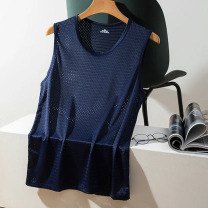 Men Tops Ice Silk Vest Outer Wear Quick-Drying Mesh Hole Breathable Sleeveless T-Shirts Summer Cool Vest Beach Travel Tanks