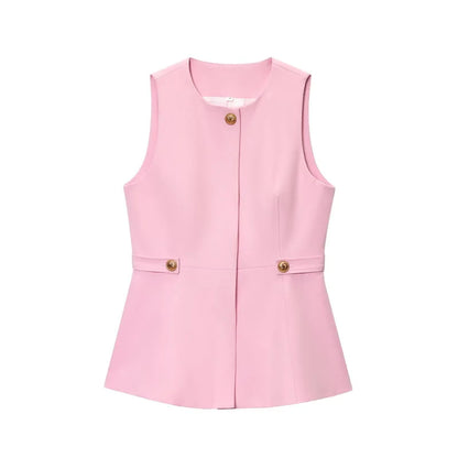 Chic Pink 2-Piece Casual Set - Flared Hem Vest & Wide Leg Pants
