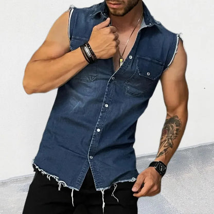 Tank Tops Men Tops Turn Down Collar Tees Sleeveless Loose 2025 Distressed Denim Washed Summer Spliced Covered Button Casual