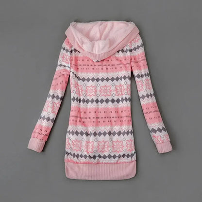 Women Cardigan Striped Print Long Sleeve Sweater Coat Buttons Closure Hooded Plush Lining Sweater Outerwear For Autumn Winter
