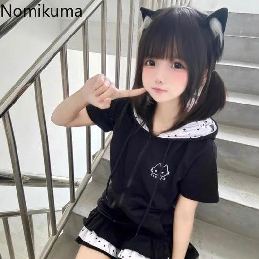 Hooded Sweatshirts for Women 2025 Ropa Mujer Short Sleeve Tunic Streetwear Japanese Y2k Tops Fashion Casual Black Hoodies Coat