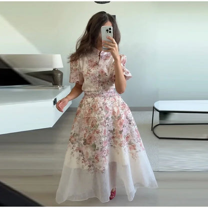 Elegant Floral Printed Long Skirts Set Women Loose Full Sleeve Single Breasted Shirts Pleated Skirt 2025 Summer Lady New Suits