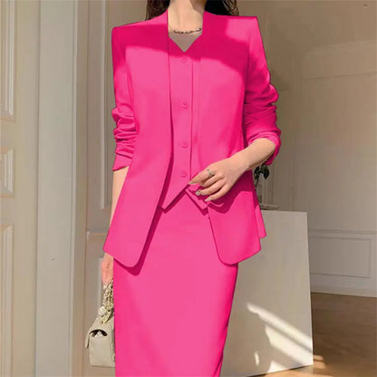 Elegant 2-Piece Business Suit Set - Professional Blazer & High Waist Midi Skirt