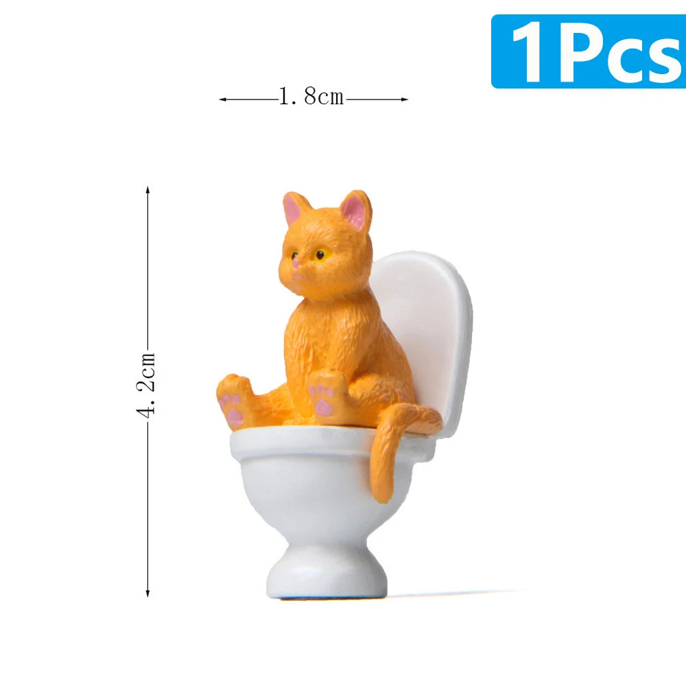 Cat Sit On Figurines Toilet Cat Ornament Kawaii Cat Doll Micro Landscape Fairy Garden Miniature for Kids Cat Toy Home Decoration