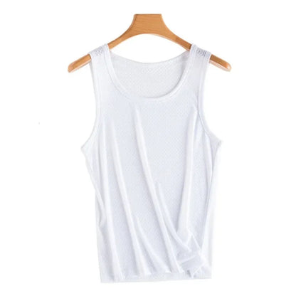 Men Tops Ice Silk Vest Outer Wear Quick-Drying Mesh Hole Breathable Sleeveless T-Shirts Summer Cool Vest Beach Travel Tanks