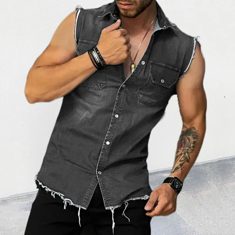 Tank Tops Men Tops Turn Down Collar Tees Sleeveless Loose 2025 Distressed Denim Washed Summer Spliced Covered Button Casual
