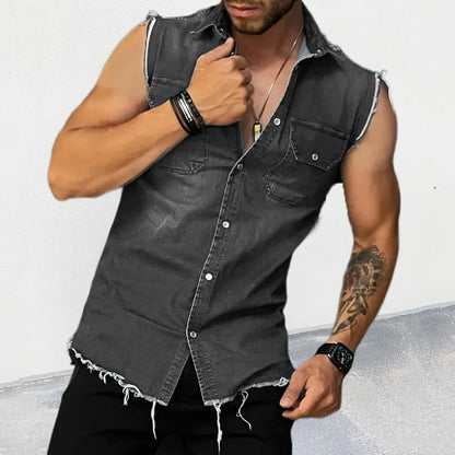 Tank Tops Men Tops Turn Down Collar Tees Sleeveless Loose 2025 Distressed Denim Washed Summer Spliced Covered Button Casual